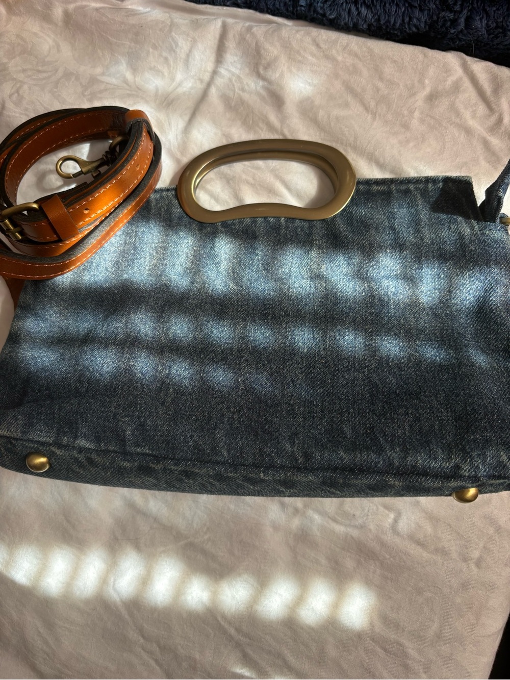 Patricia Nash Denim Clutch with Tan Leather Strap and Gold Hardware